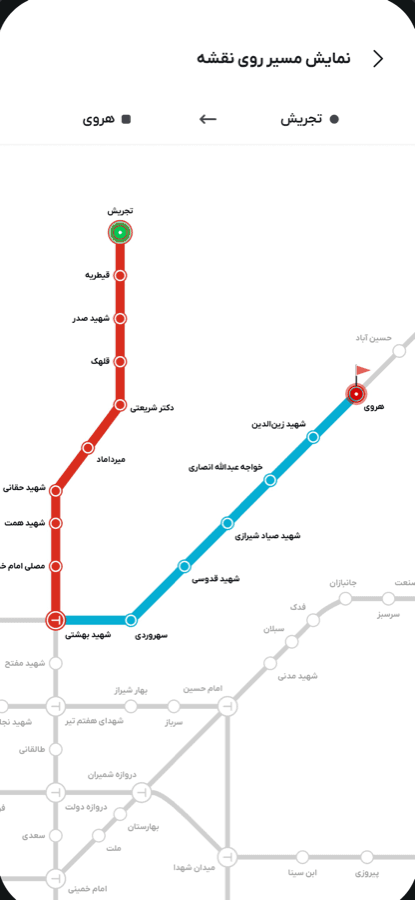 مسیریابی — سفر گام‌به‌گام، با جهت حرکت و ایستگاه تعویض هر خط