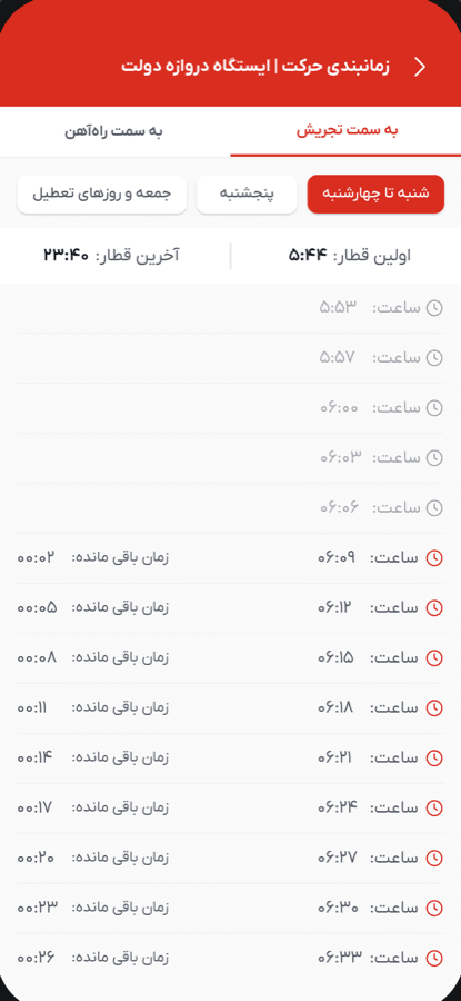 جدول حرکت قطارهای ایستگاه دروازه دولت، آفلاین در برنامه‌ی مسیر